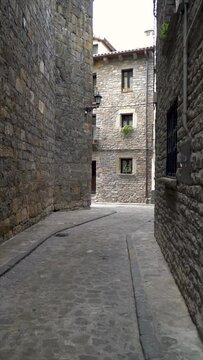 Beautiful narrow alleys in Boltaña old town, Huesca (Spain)