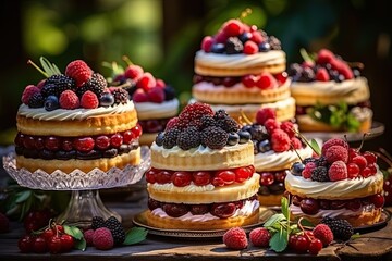 Assorted different mini cakes with cream, chocolate and berries - obrazy, fototapety, plakaty