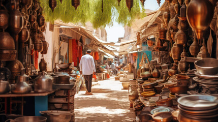 Colorful shopping street in the style of Djerba featuring pottery, fabrics and Arab lamps in a classic Tunisian market atmosphere - Houmt Souk and Midoun. Generative AI.