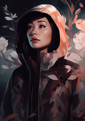 Dark Winter Forest Fantasy Character in Coat Avatar Portrait Digital Generated Art Print Background