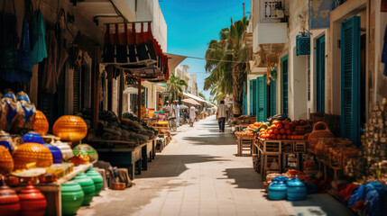 Colorful shopping street in the style of Djerba featuring pottery, fabrics and Arab lamps in a classic Tunisian market atmosphere - Houmt Souk and Midoun. Generative AI.