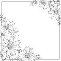Floral frame. Cosmos bipinnatus flowers. Black and white line art backgrounds.  - 622785282
