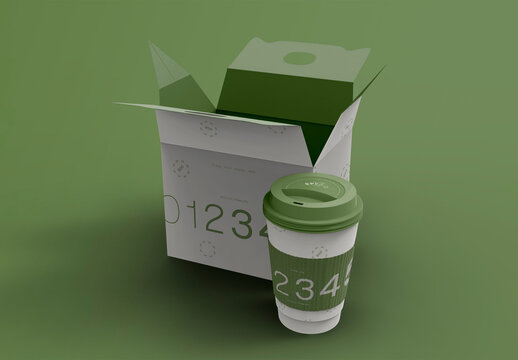 3d Pastry Box and Coffee Cup with Sleeve Mockup