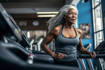 Generative AI illustration of old black healthy muscular woman training in gym on treadmill
