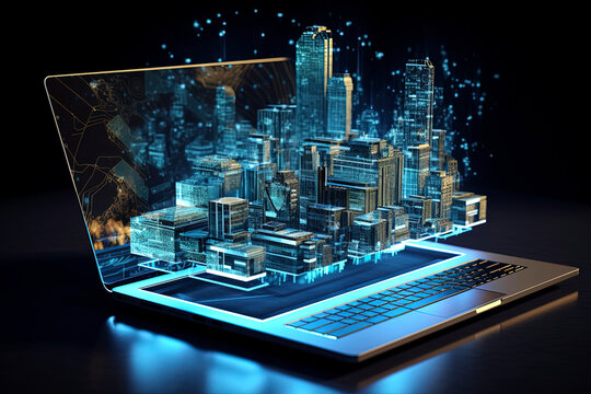 Generative AI computer screen view illustration of futuristic architecture with digital connection