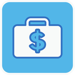 money luggage flat icon in blue square.
