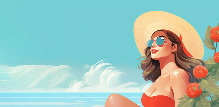illustration A woman in a hat and glasses resting by the sea during the summer time. Generative AI