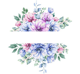 Anemone Flowers Watercolor Illustration. Blue, Pink and Purple Anemones Hand Painted isolated on white background.  Perfect for wedding invitations, bridal shower and  floral greeting cards