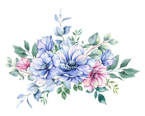 Anemone Flowers Watercolor Illustration. Blue, Pink and Purple Anemones Hand Painted isolated on white background.  Perfect for wedding invitations, bridal shower and  floral greeting cards