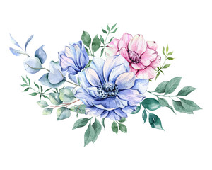 Anemone Flowers Watercolor Illustration. Blue, Pink and Purple Anemones Hand Painted isolated on white background.  Perfect for wedding invitations, bridal shower and  floral greeting cards