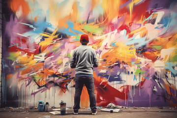A male urban artist painting a graffiti art on a wall. Generative AI - obrazy, fototapety, plakaty