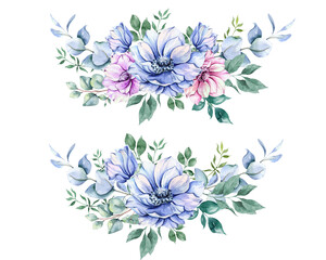 Anemone Flowers Watercolor Illustration. Blue, Pink and Purple Anemones Hand Painted isolated on white background.  Perfect for wedding invitations, bridal shower and  floral greeting cards