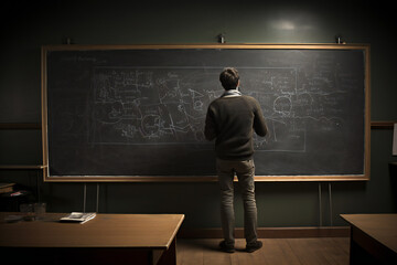 A male teacher writing on a blackboard in a classroom. Generative AI