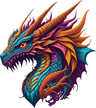 Colorful dragon face vibrant bold vivid colors t-shirt design vector illustrations. Vibrant dragon encounter