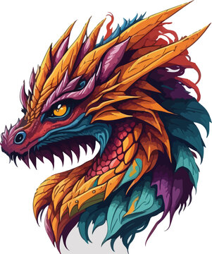 Colorful dragon face vibrant bold vivid colors t-shirt design vector illustrations. Technicolor dragon guardian