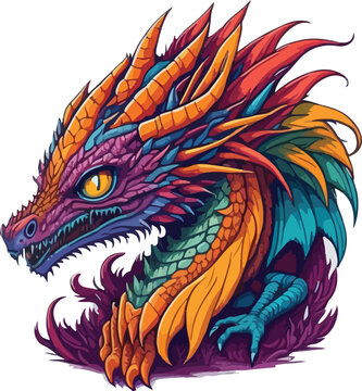 Colorful dragon face vibrant bold vivid colors t-shirt design vector illustrations. Colorful wyrm dragon wonder