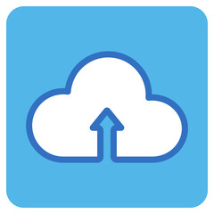 cloud upload flat icon in blue square.
