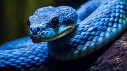 Fototapeta premium A blue viper snake on branch against black background