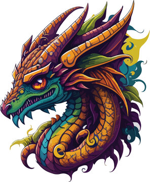 Colorful dragon face vibrant bold vivid colors t-shirt design vector illustrations. Polychromatic scale dragon beauty