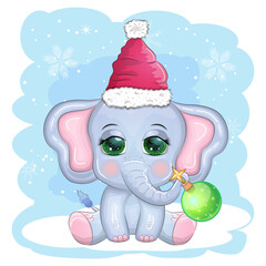 Cute cartoon elephant, childish character with beautiful eyes wearing santa hat, scarf, holding gift, christmas ball