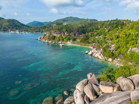 Aerial view of Chalok Baan Kao bay granite coast line on the island of Ko Tao, Thailand.