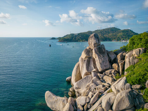 Aerial view of Chalok Baan Kao bay granite coast line on the island of Ko Tao, Thailand.