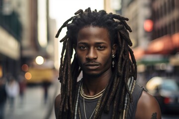 Handsome black man with dreadlocks in the city.