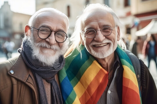 Generative AI illustration of positive bearded senior LGBT gay couple in gray hair and clothes with rainbow scarf and eyeglasses looking at camera