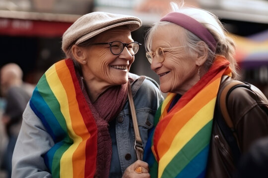 Generative AI illustration portrait of senior LGBT lesbian couple with glasses smiling over blur street