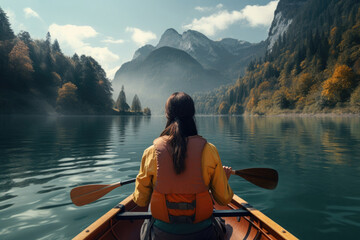 Back view of woman is sailing on boat on lake in beautiful mountain landscape. Outdoor activities. Sporty lifestyle. Created with Generative AI