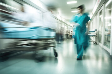 Fototapeta na wymiar Hospital emergency team rush patient on gurney to the operating theater. Corridor in medical clinic with working doctors, motion blur effect. Created with Generative AI