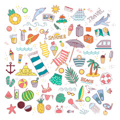 Set of summer holidays on the beach. Doodle flat clipart. All objects are repainted.