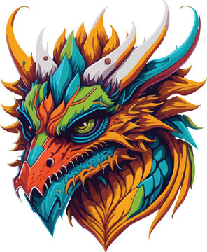 Colorful dragon face vibrant bold vivid colors t-shirt design vector illustrations. Radiant mythical dragon visage