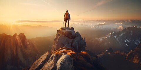 Experience the thrill of adventure with this breathtaking shot of a solo hiker conquering a rugged mountain peak at sunset. Generative ai.