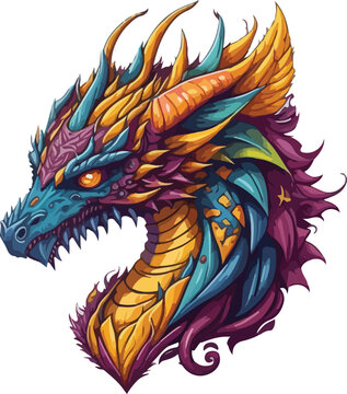 Colorful dragon face vibrant bold vivid colors t-shirt design vector illustrations. Kaleidoscopic dragonic charm