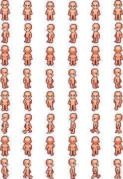 Pixel art spritesheet 8 bit walking base cute simple human character animation top down male female vector changeable 4 directions light skin transparent game pixelated