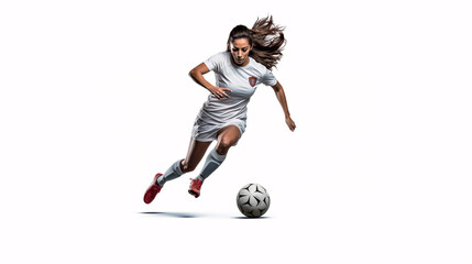 Beautiful female soccer player kicking ball with heel. Isolated on white background. Woman football concept. - obrazy, fototapety, plakaty