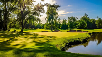 Fototapeta na wymiar A serene golf course surrounded by lush greenery and tall trees. The fairways are meticulously maintained, with neatly trimmed grass.