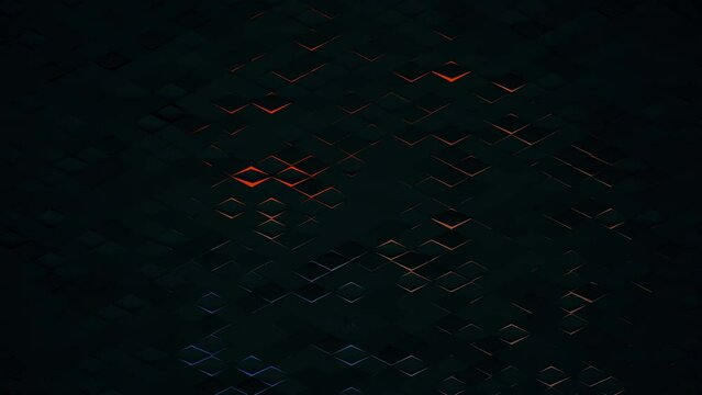 3D render futuristic animated background from rhomb shapes with neon back lighting, minimal diamonds grid tiles pattern with random objects displacement, 4K live wallpaper