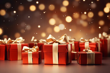 Festive background with red gift boxes with golden ribbons. Generative AI illustration