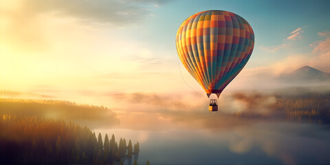 A hot air balloon floating gracefully above a serene, peaceful countryside, painted in the colors of a vibrant sunrise.