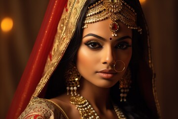 Obraz premium Beautiful indian young woman. Traditional Indian costume saree.