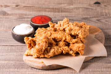 Crispy fried chicken breast strips with sauce