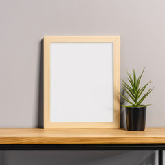 Fototapeta na wymiar Mockup, picture frame on table with potted plant. AI generative.