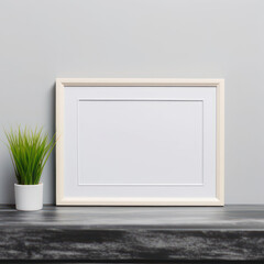 Mockup, picture frame on table top with potted plant. AI generative.
