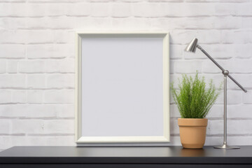 Mockup, picture frame, lamp and plant on the table. AI generative.