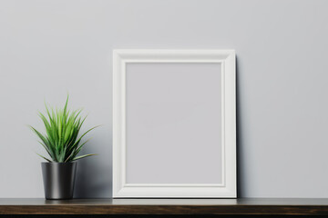 Mockup, picture frame and plant on a table against a white wall. AI generative.