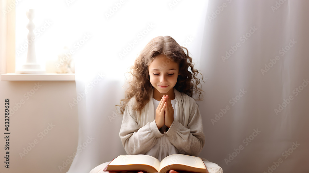 Wall mural cute child girl reading bible book. worship at home. ai generated - Wall murals