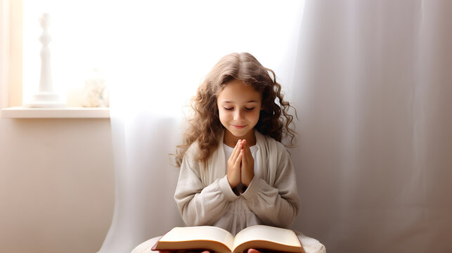 Cute child girl reading bible book. Worship at home. AI generated