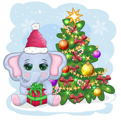 Cute cartoon elephant, childish character in santa hat with gift, christmas ball or candy cane near christmas tree